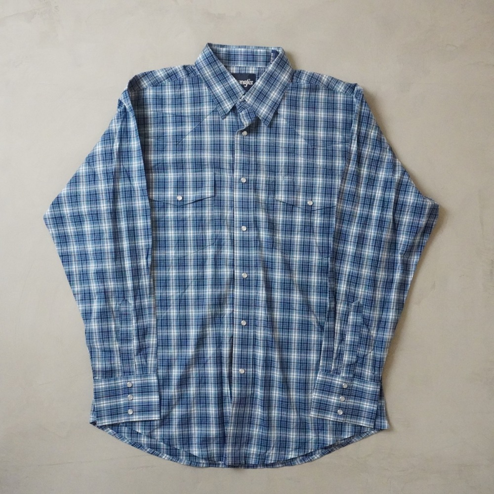 Wrangler Western Snap Shirt Large Mens Blue White Plaid Pearl Snap Vintage